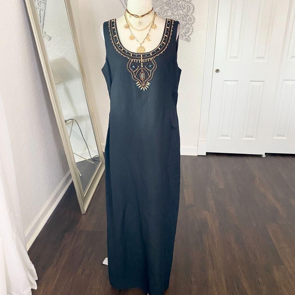 Jessica Howard Bohemian Native Inspired Beaded Linen Rayon Midi Dress 12 / L - Picture 2 of 6